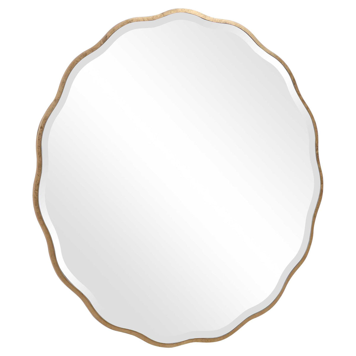 Uttermost Aneta round wall mirror with a sleek frame, hanging on a wall, showcasing its modern design and reflective surface.