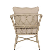Noble House Bruce outdoor club chair set with water-resistant cushions, rattan and iron frame in brown for patio or garden seating.