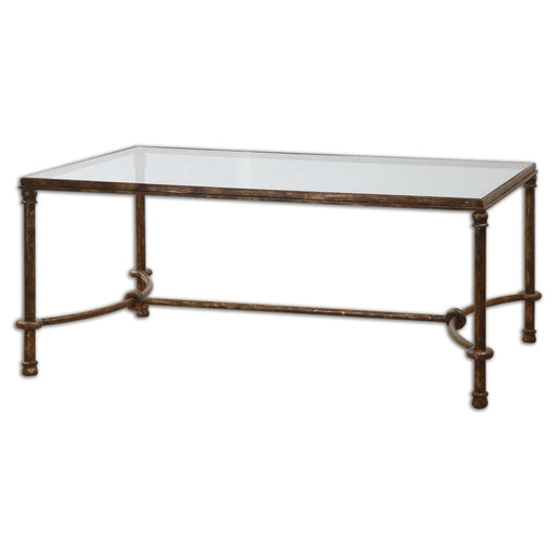 Uttermost Warring iron coffee table with a rustic metal finish and open-frame design, ideal for modern living spaces.