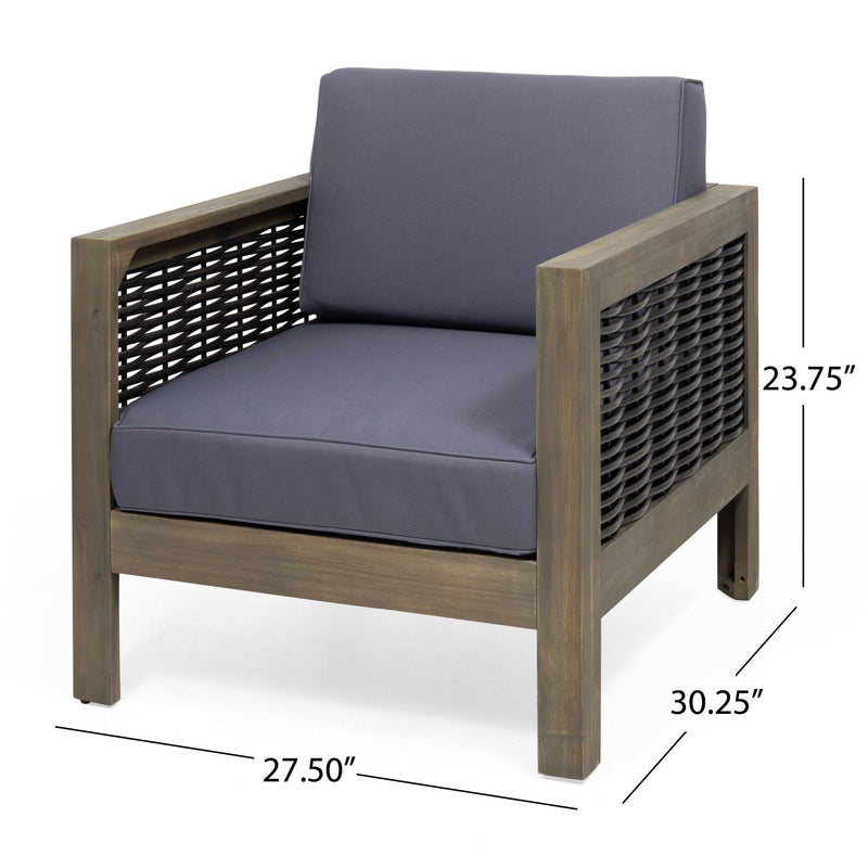 Outdoor acacia wood club arm chair with wicker accents by Noble House, featuring a sturdy frame and woven design for outdoor seating.