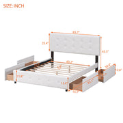 DreamHaus upholstered platform bed with classic headboard and built-in storage drawers, no box spring needed, in a modern bedroom setting.