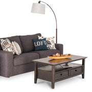 Hickory brown Amherst coffee table by Simpli-Home with a rectangular wooden top and sturdy legs in a modern design.