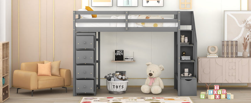 DreamHaus loft bed with built-in storage drawers, stairs with shelves, and a sturdy frame for space-saving bedroom organization.
