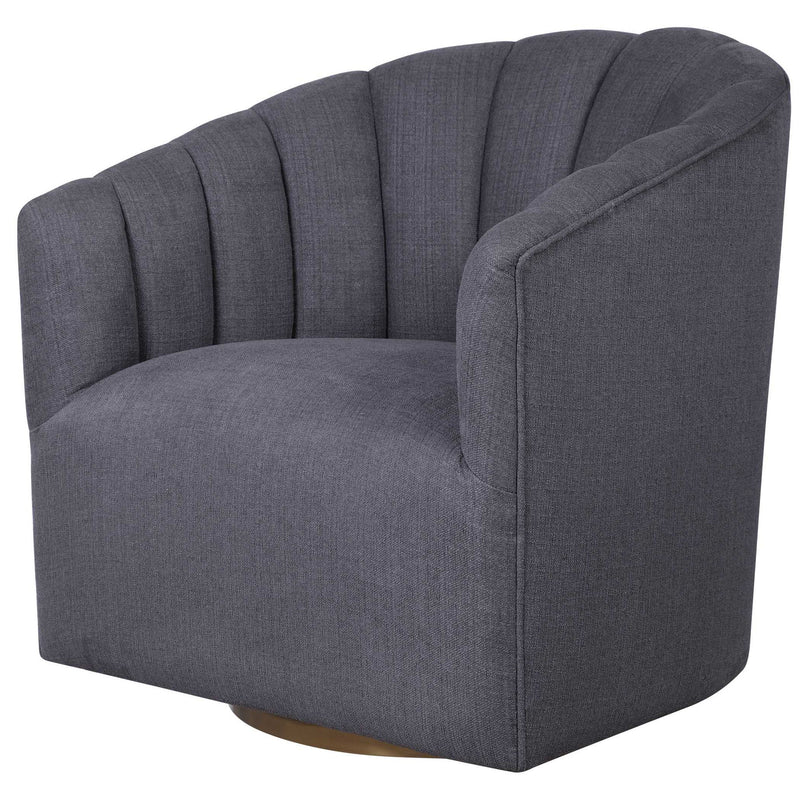 Dark gray modern swivel chair by Uttermost with a sleek design and a comfortable cushioned seat.