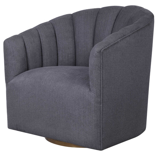 Dark gray modern swivel chair by Uttermost with a sleek design and a comfortable cushioned seat.