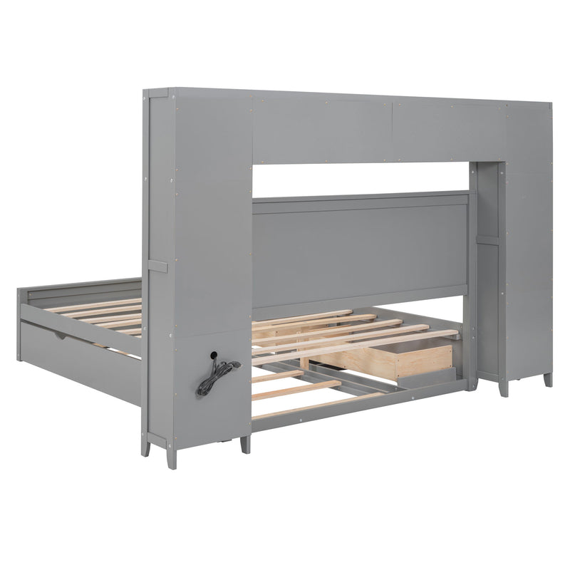 DreamHaus cabinet bed with integrated shelf, sockets, and twin long trundle bed, featuring a modern design and storage options.