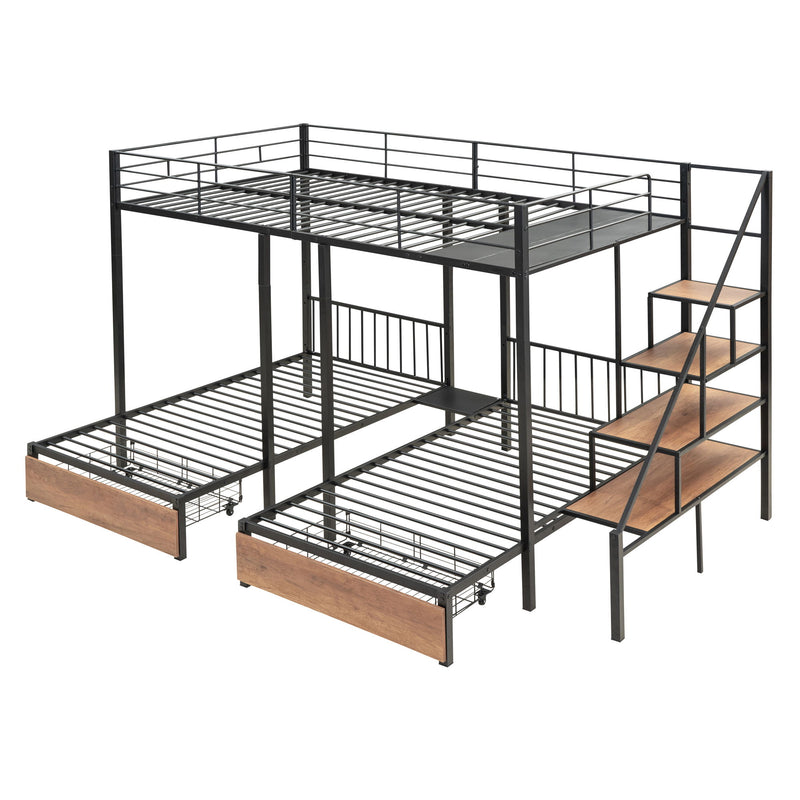 Full Over Twin-Twin Triple Bunk Bed With Drawers And Staircase - Black - R&R Furniture Gallery (Fountain Valley, CA)