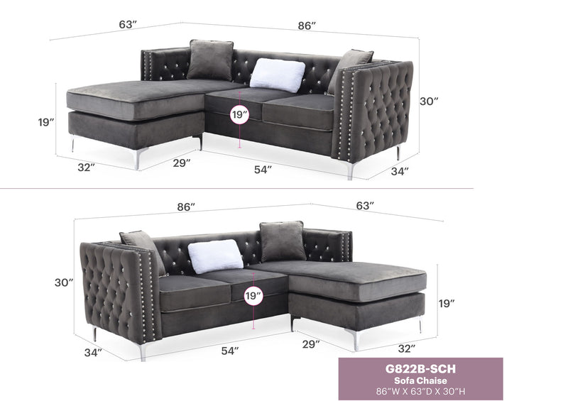 Glory Furniture Paige sofa chaise stationary sectional in neutral fabric with plush cushions and wide armrests.