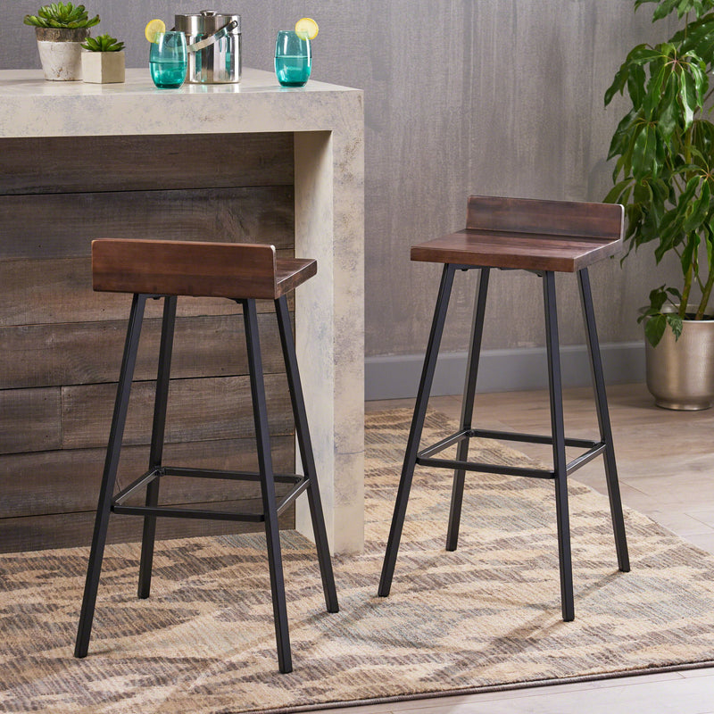 Outdoor Bar Stool With Low Backrests And Wood Seats (Set of 2) - Dark Brown / Black - R&R Furniture Gallery (Fountain Valley, CA)