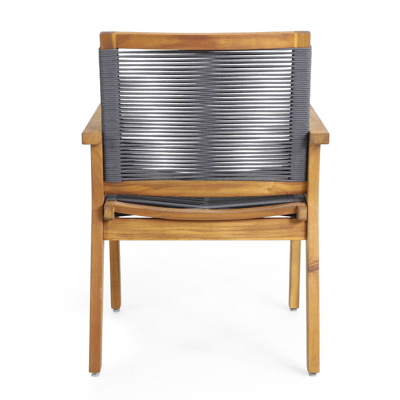 Two outdoor rope dining chairs by Noble House with woven seats and metal frames, perfect for patio seating.