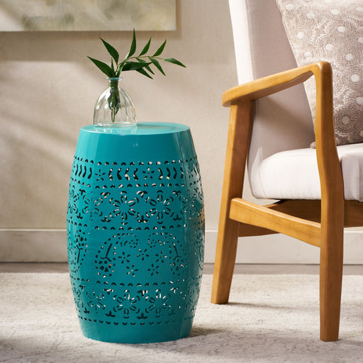 Noble House 12-inch outdoor lace cut side table with intricate design, perfect for patio or garden decor.