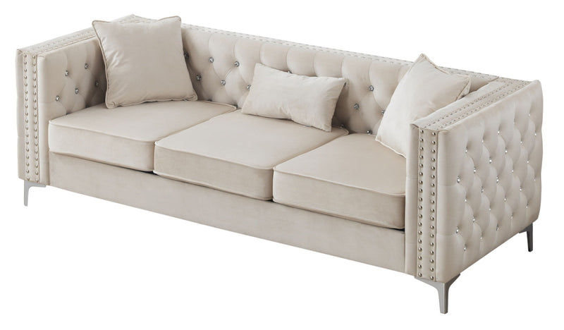 Glory Furniture Paige stationary sofa with plush cushions and modern design, featuring neutral upholstery and wooden legs.