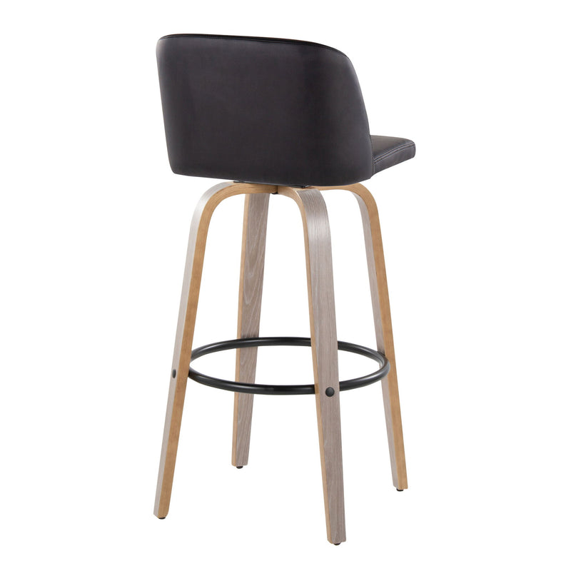 Lumi Source Toriano fixed height contemporary barstools with swivel, round footrest, set of 2, featuring modern design and wooden seats.