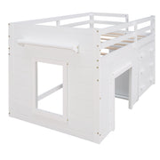 DreamHaus loft bed with built-in cabinet and shelf, featuring a sturdy wooden frame and space-saving design for bedroom organization.