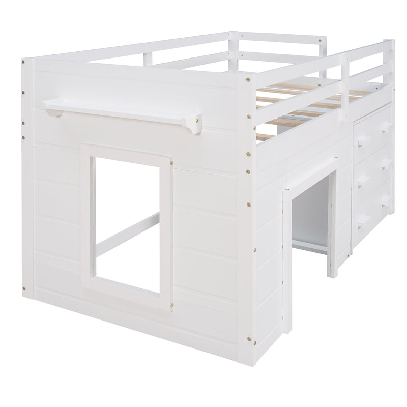 DreamHaus loft bed with built-in cabinet and shelf, featuring a sturdy wooden frame and space-saving design for bedroom organization.