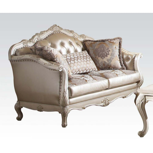 Chantelle - Loveseat With 3 Pillows - Rose Gold Synthetic Leather /Fabric & Pearl White - R&R Furniture Gallery (Fountain Valley, CA)
