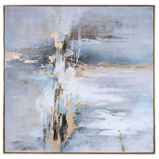 Blue abstract canvas art titled "Road Less Traveled" by Uttermost featuring vibrant brushstrokes and textured design.