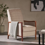 Noble House mid-century modern fabric recliner with channel-stitched back and wood pushback mechanism, stylish and comfortable.