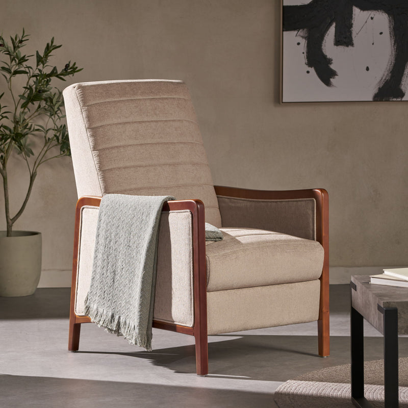 Noble House mid-century modern fabric recliner with channel-stitched back and wood pushback mechanism, stylish and comfortable.