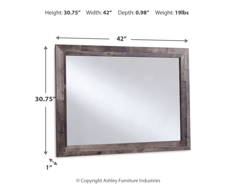 Rustic Benchcraft Derekson multi-gray bedroom mirror with pine grain finish, wall mount or dresser attach style.