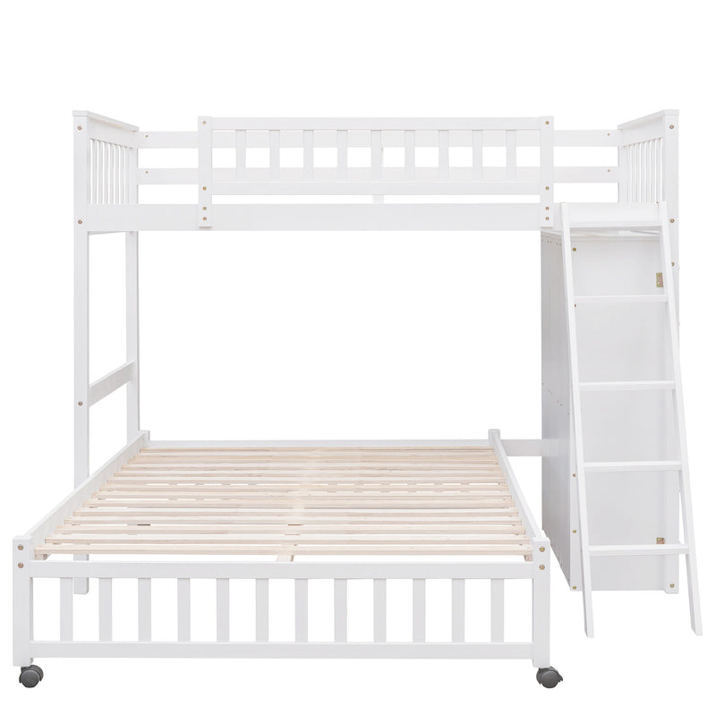 DreamHaus bunk bed with six drawers, flexible shelves, and a bottom bed on wheels, ideal for space-saving bedroom storage.