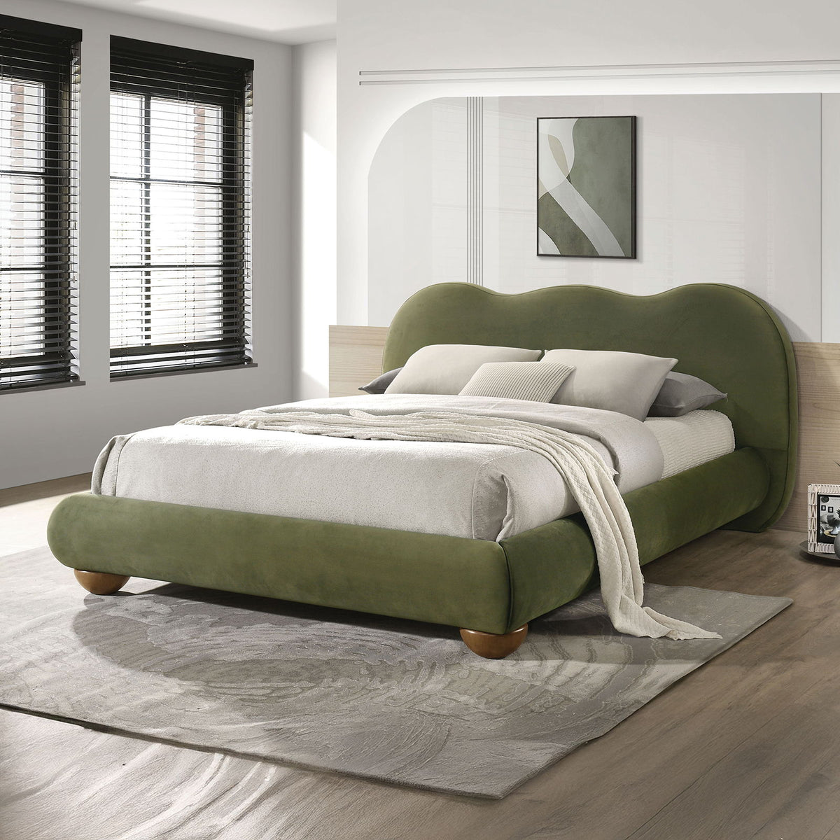 Finamore - Queen Bed, Olive Green Velvet