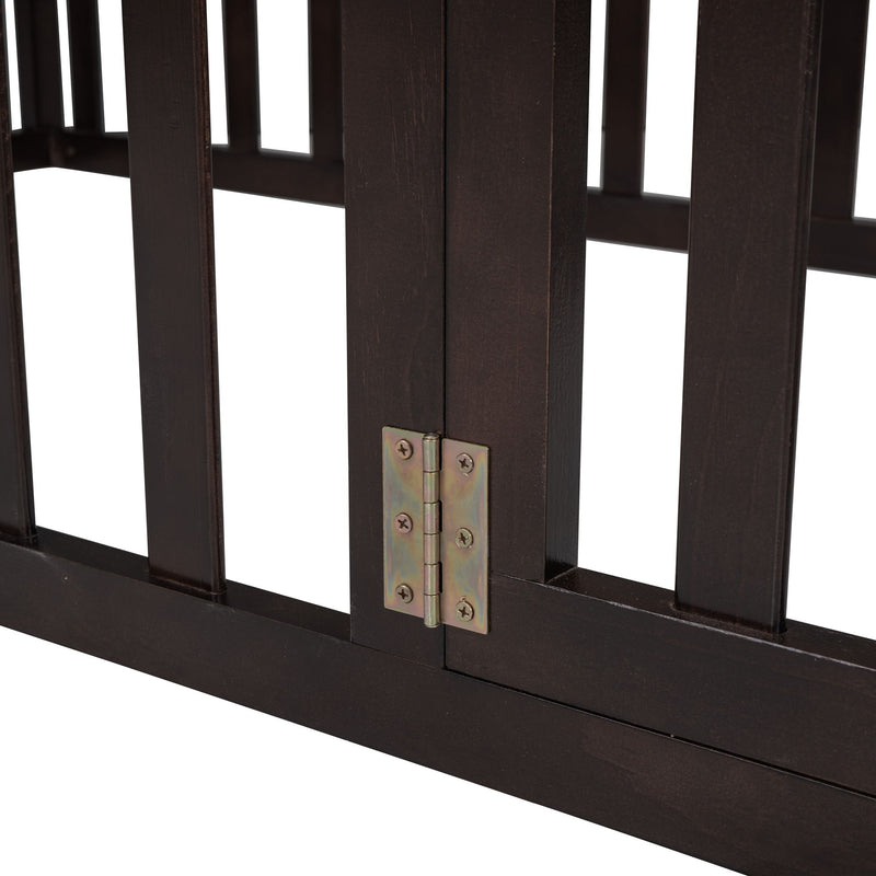DreamHaus twin size floor bed frame with fence and door in walnut finish, featuring panel bed design and natural wood detail.