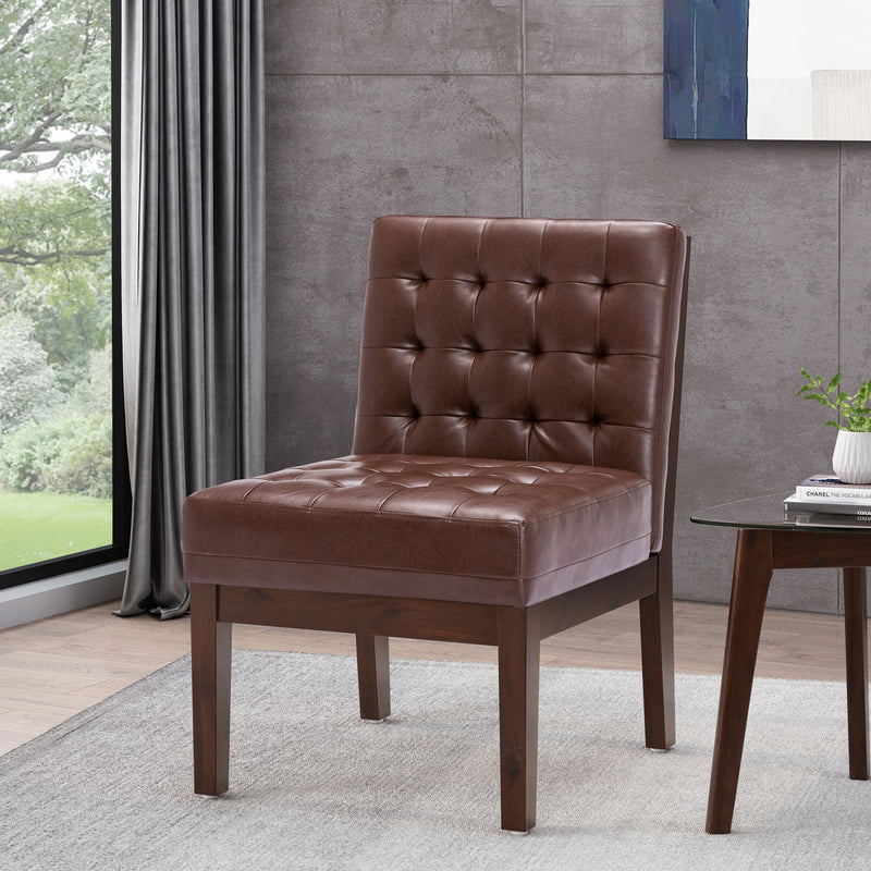Dark brown Noble House armless accent chair with tufted waffle stitch upholstery, modern and stylish for living spaces.