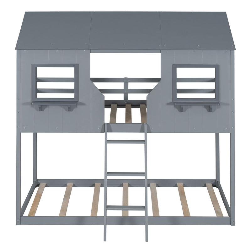 Twin Over Twin Bunk Bed With Roof, Window, Guardrail, Ladder - R&R Furniture Gallery (Fountain Valley, CA)