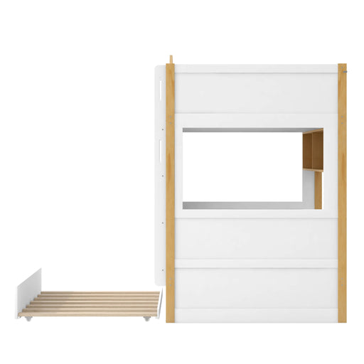 Dreamland bunk bed with house-shaped guardrails, storage shelves, and trundle, featuring a sturdy wooden frame and cozy design.