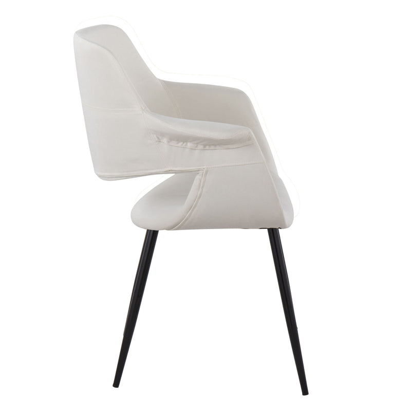 Pair of Lumi Source vintage flair art deco accent chair sets with black metal legs, available in blue or cream upholstery.