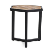 Brown outdoor side table with iron base and slatted top by Noble House, perfect for patio or garden decor.