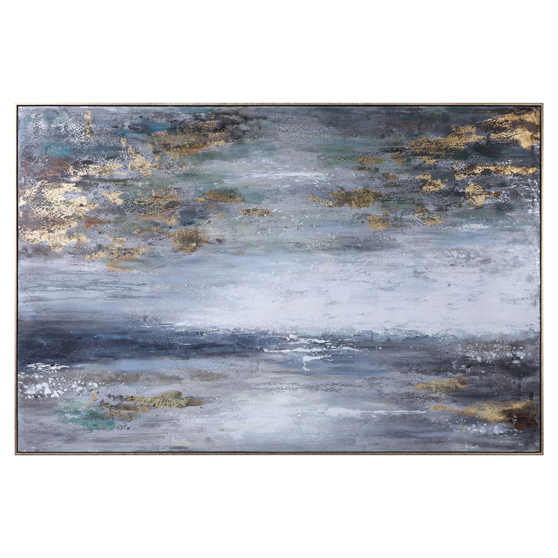 Hand painted blue canvas art by Uttermost featuring a dusk to dawn landscape, perfect for modern home decor.