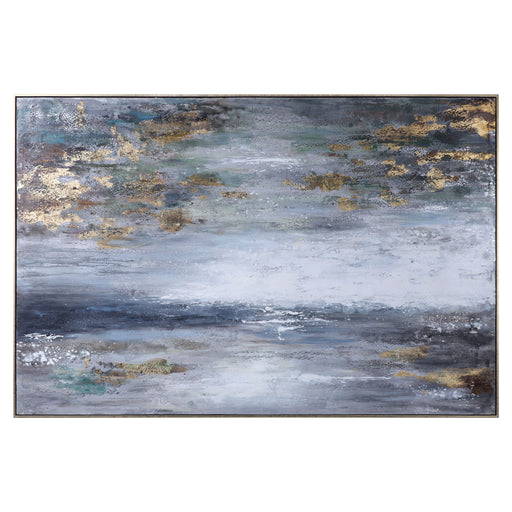 Hand painted blue canvas art by Uttermost featuring a dusk to dawn landscape, perfect for modern home decor.