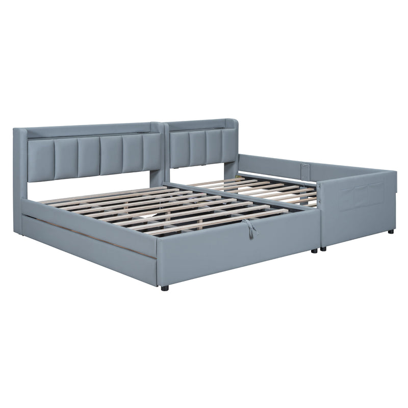 Upholstered Mother & Child Bed With Hydraulic Storage System, Drawer Box, Bedhead Storage Shelf And 2 Pairs Of Sockets & USB Ports - R&R Furniture Gallery (Fountain Valley, CA)