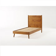 Natural stained solid acacia wood platform bed by Noble House with mid-century design, showcasing a sleek, minimalist bedroom setup.