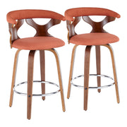 Lumi Source Gardenia mid-century modern fixed height counter stools with swivel, set of 2, featuring cream-colored upholstered seats and wooden legs.