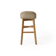 Noble House Beeson outdoor wicker and acacia wood barstool set in brown, water-resistant with four stylish stools for patio seating.