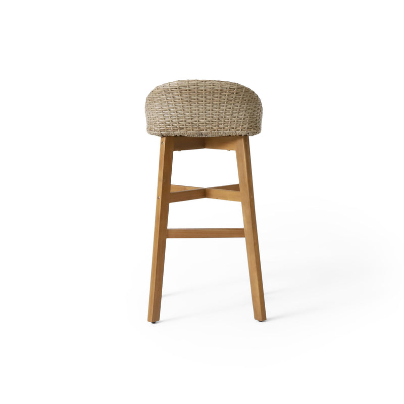 Noble House Beeson outdoor wicker and acacia wood barstool set in brown, water-resistant with four stylish stools for patio seating.