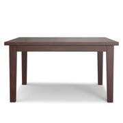 Simpli-Home Eastwood square dining table in rich Java brown wood with clean lines and sturdy legs, ideal for modern dining rooms.
