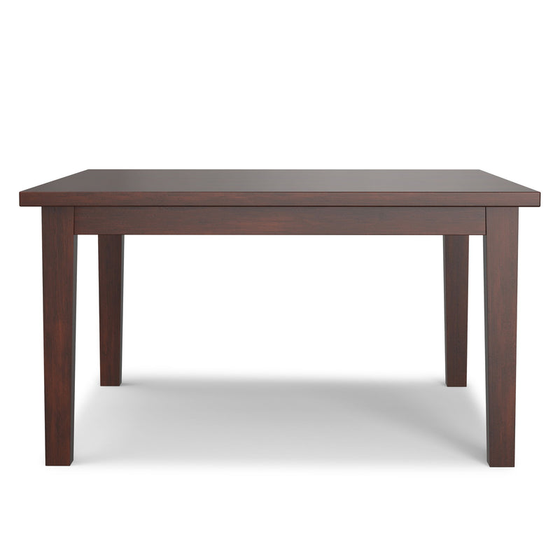 Simpli-Home Eastwood square dining table in rich Java brown wood with clean lines and sturdy legs, ideal for modern dining rooms.