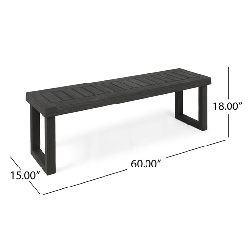 Dark gray Noble House Realm outdoor bench with slat panel top and base, suitable for patio or garden seating.