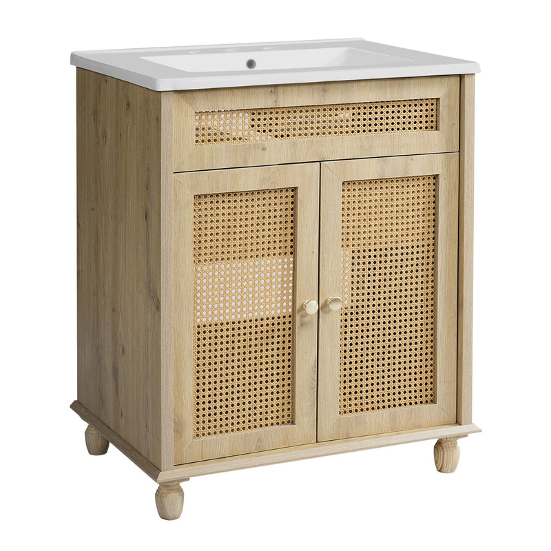 Bathroom Vanity With Handwoven Rattan Doors, Resin Basin - Natural Wood - R&R Furniture Gallery (Fountain Valley, CA)