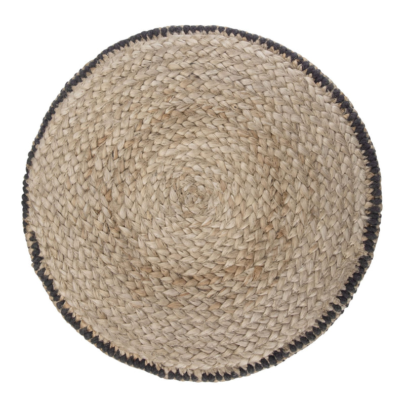 Larissa handcrafted round braided accent pouf by Simpli-Home, with a woven textured surface and neutral color.