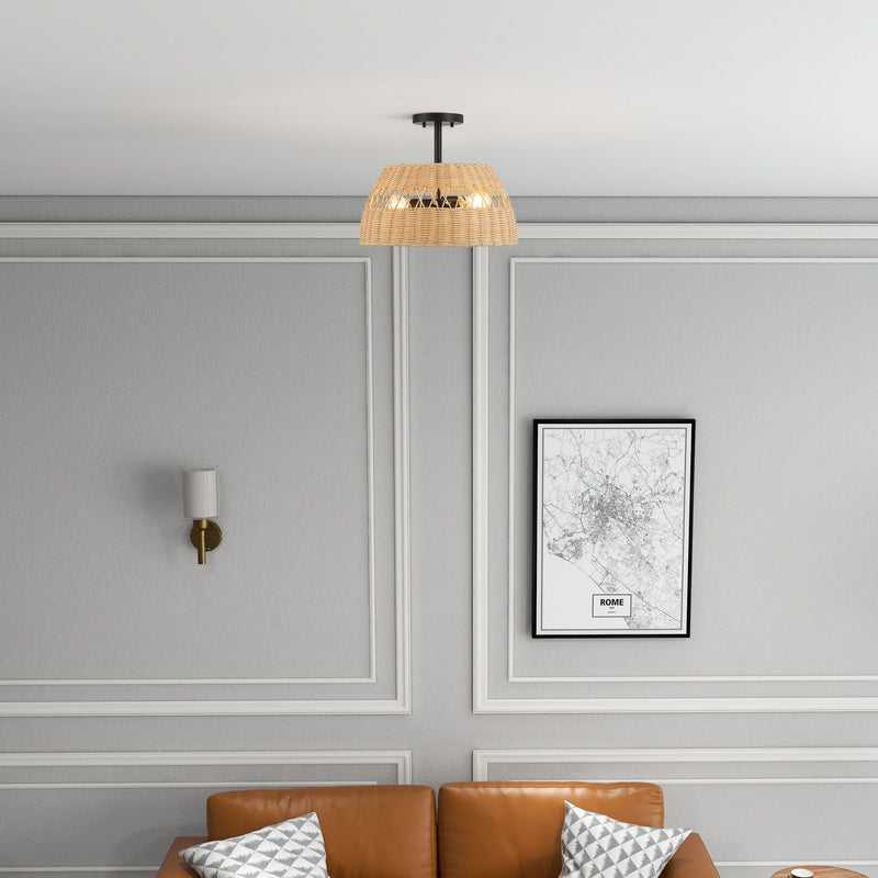 Twinkle - Double Lights Semi Flush With Shade - Black / Rattan - R&R Furniture Gallery (Fountain Valley, CA)