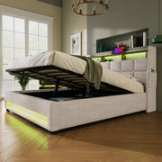 Artistry At Home upholstered platform bed with hydraulic storage, LED lighting, and USB charging ports, without mattress.