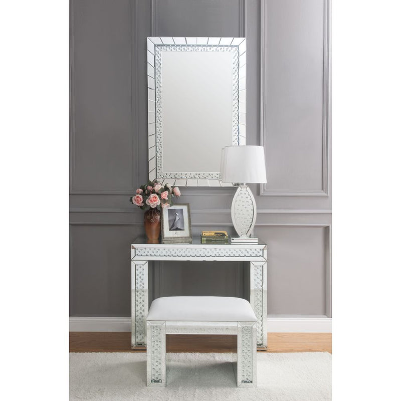 Nysa - Vanity Stool - Ivory Synthetic Leather , Mirrored & Faux Crystals - R&R Furniture Gallery (Fountain Valley, CA)