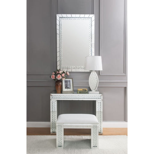 Nysa - Vanity Stool - Ivory Synthetic Leather , Mirrored & Faux Crystals - R&R Furniture Gallery (Fountain Valley, CA)