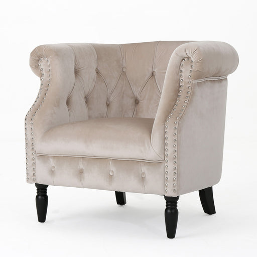 Noble House Celestialis upholstered club arm chair with tub design, rolled recessed armrests, and plush fabric for comfortable seating.