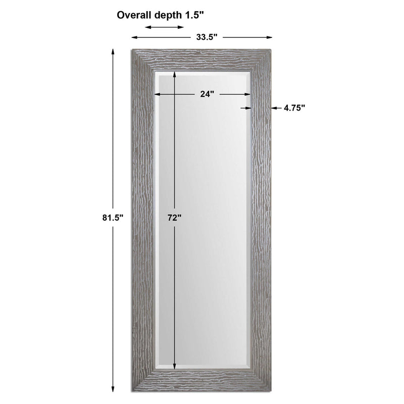 Large silver floor mirror by Uttermost, Amadeus style, with a sleek frame reflecting modern home decor.